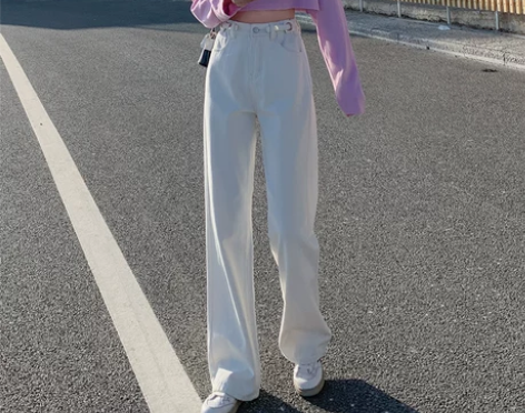 米白色阔腿牛仔裤女夏季薄款2022年新款高...