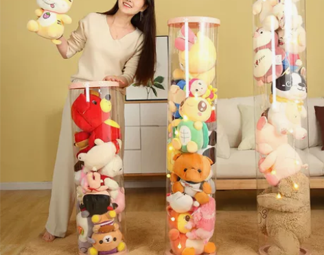 猫人毛绒玩具收纳箱布娃娃收纳桶透明圆柱筒儿...