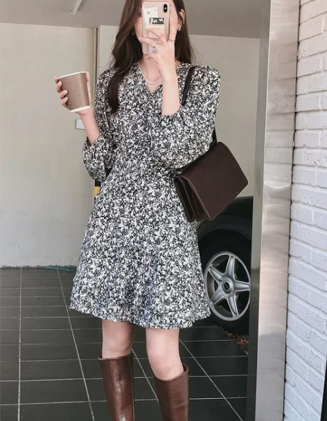 布莉诗法式短款长袖收腰显瘦v领小个子雪纺碎...