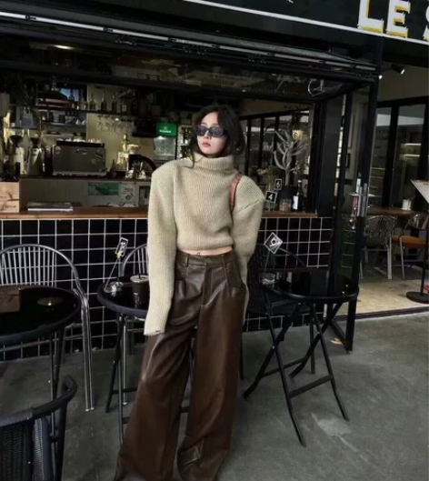 港味复古风黑色皮裤阔腿裤高腰宽松直筒裤秋冬...