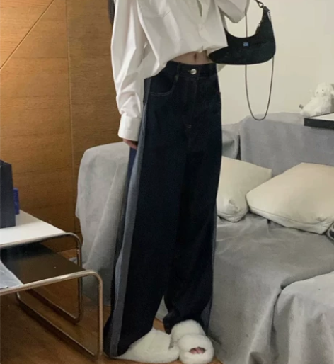 HUILIULIU 高腰拼接牛仔阔腿裤女宽...