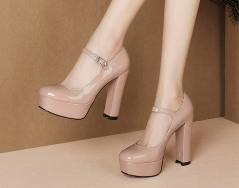 真皮高跟单鞋女一字扣防水台高跟鞋圆头粗跟鞋...