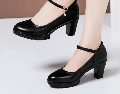 旗袍专用软牛皮走秀鞋防滑粗跟高跟一字扣防水...