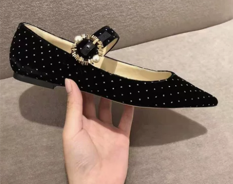 高制2022春新款 欧美尖头黑色波点玛丽珍...