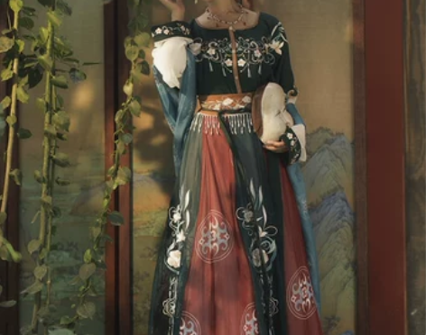 耀春花瑶归原创汉服女坦领三件套半臂齐腰襦裙...