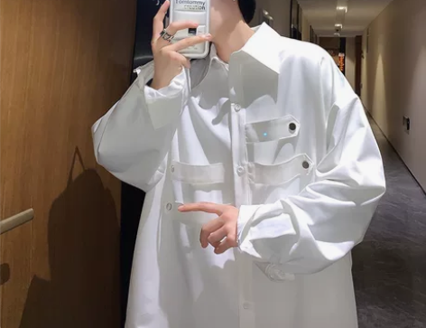 衬衫男纯色秋季设计感小众宽松百搭长袖衬衣i...