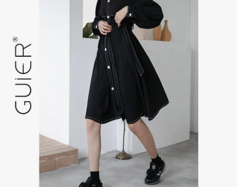 黑色明线法式风衣连衣裙女2020新款秋季收...