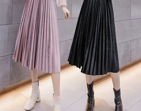 【火拼价】百褶裙金丝绒百折裙松紧腰高腰中长...