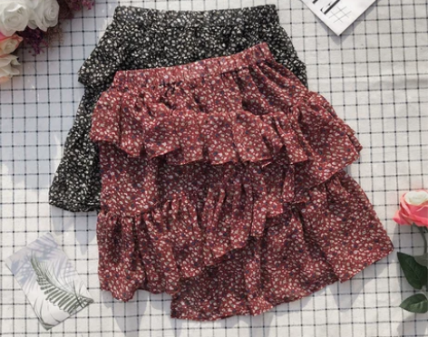 鬼鬼家俏皮荷叶边拼接层次感碎花雪纺半身裙a...