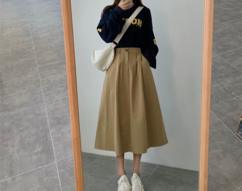 初秋港风卡其色半身裙子高腰松紧a字裙女中长...