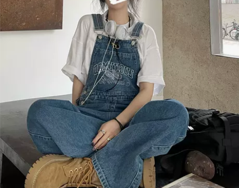 背带牛仔裤 复古牛仔背带裤2023春秋女美...