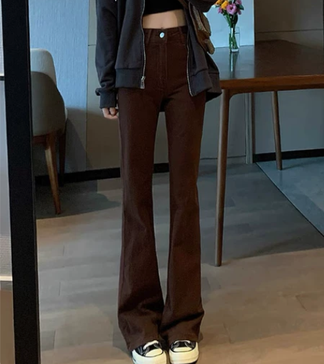 深色高腰微喇叭牛仔裤女2022年春秋新款修...