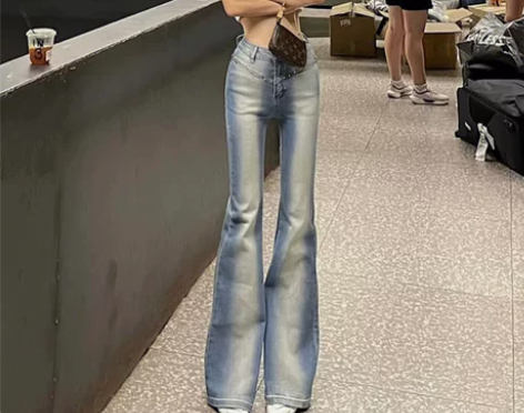 铆钉复古高腰微喇重工洗水牛仔裤女夏设计感小...