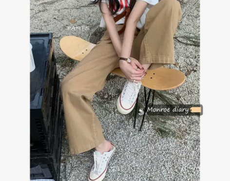 高腰显瘦休闲卡其色阔腿牛仔裤女宽松直筒裤子...