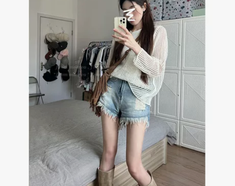 复古辣妹做旧流苏破洞牛仔裤女夏季高腰显瘦毛...