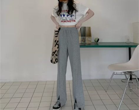 150小矮个子高腰拖地开叉运动阔腿休闲裤直...