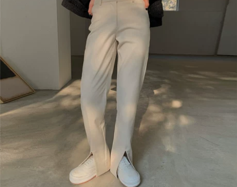 马玉星白色开叉西装裤女直筒宽松高腰显瘦垂感...