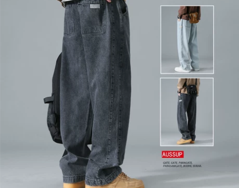 阔腿牛仔裤 牛仔长裤美式复古黑色男士春季直...