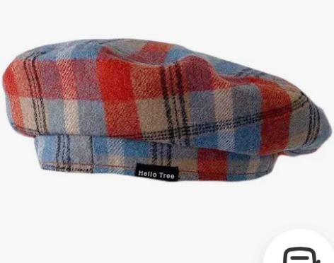 【全新】丁走走/日系撞色格纹毛呢贝雷帽女秋...