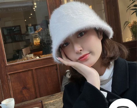 兔毛~白色毛绒渔夫帽女冬季韩版加绒保暖水桶...
