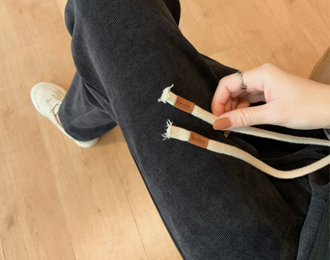 欧棉绒雪尼尔窄版阔腿裤女高腰抽绳小个子显瘦...