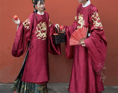 砚滨纱汉服盘金绣四团龙补补服明圆领袍男女君...