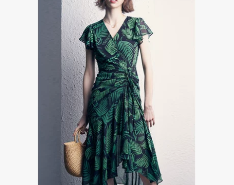 绿色雪纺连衣裙女夏印花气质V领法式抽褶不规...