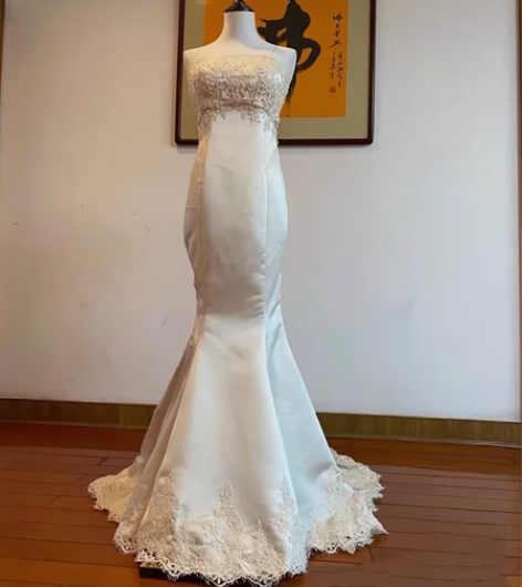 米白抹胸蕾丝及地鱼尾裙结婚婚礼礼服裙敬酒裙...