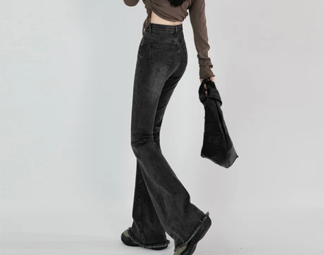 【国庆价】灰色微喇叭牛仔裤女秋季高腰显瘦弹...