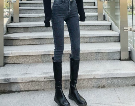 超高腰加绒小脚裤女牛仔裤2020年秋冬新款...