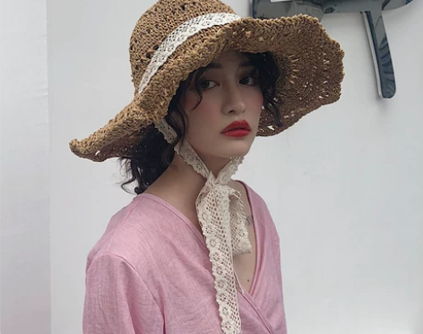 日系蕾丝花边草帽女夏百搭透气大檐文艺沙滩折...