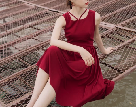 奈看 红色裙子女夏新款收腰a字小心机显瘦复...