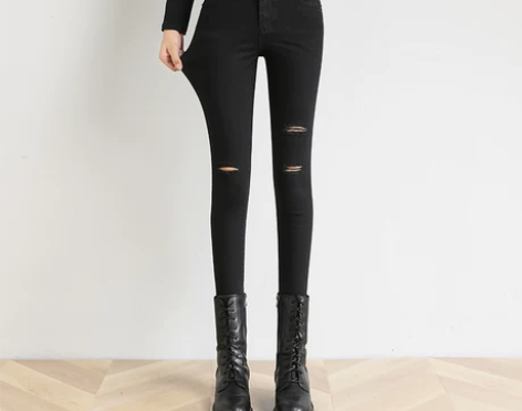 破洞牛仔裤女黑色高腰九分小脚铅笔紧身202...