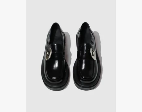 DREAM 厚底乐福鞋黑色圆头小皮鞋女英伦...