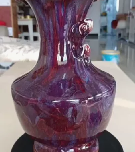 王现锋大师早期玉石釉双鱼荷口尊 早期煤烧，...