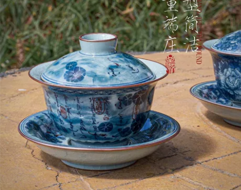 青花仿古老陶泥盖碗大号三才泡茶碗功夫茶具茶...