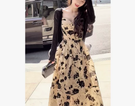 法式复古别致惊艳收腰长裙高级感小众设计碎花...