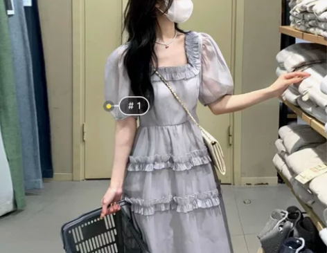 方领泡泡袖连衣裙女夏季法式温柔风高级感收腰...