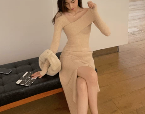 【年货价】法式赫本风开叉针织连衣裙女秋冬新...