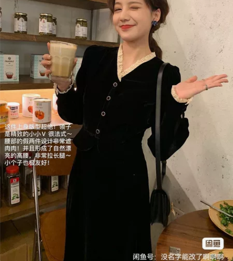 小优雅~显瘦实在超绝！别致的假两件丝绒连衣...