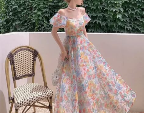 裙子女夏长裙仙女裙法式初恋泡泡袖碎花连衣裙...