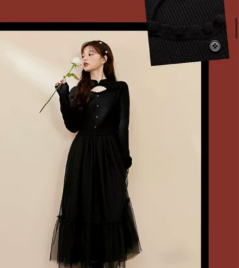 阔色法式复古黑色连衣裙女2022新款气质长...