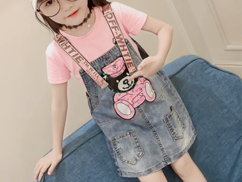 女童背带裙2018夏装新款韩版牛仔连衣裙时...