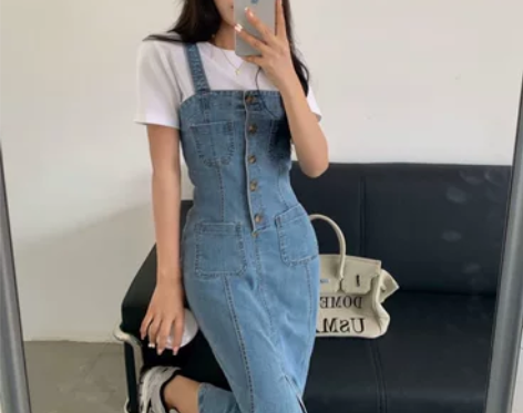 韩国东大门2021夏季牛仔背带裙女 修身过...