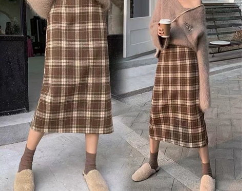 秋冬高腰中长款复古格子裙毛呢半身裙a字裙包...