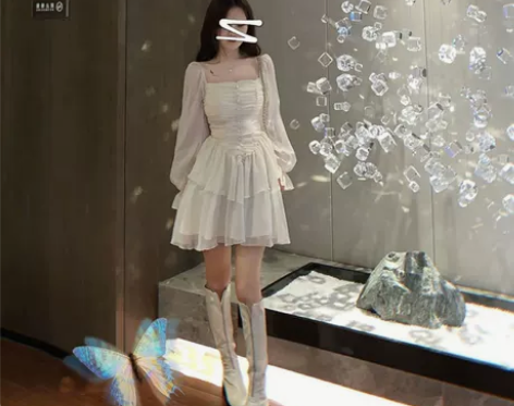大码法式收腰方领泡泡袖连衣裙子仙女超仙森系...