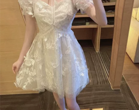 小仙女公主裙蝴蝶蓬蓬裙白色蕾丝甜美泡泡袖洋...