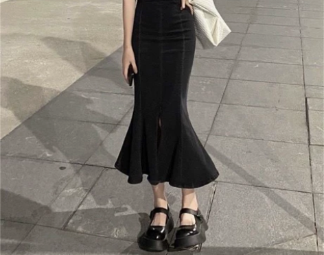 高腰牛仔半身裙新款开叉荷叶边弹力紧身包臀裙...