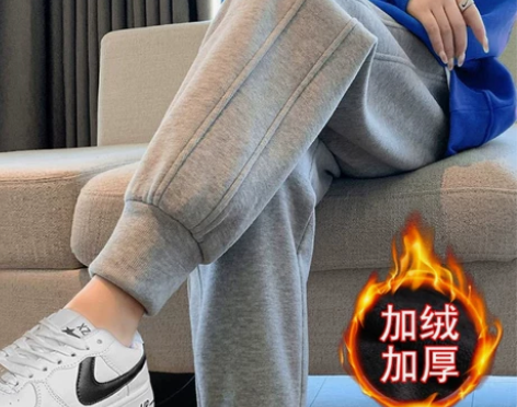 加绒运动裤女加厚外穿灰色宽松束脚哈伦休闲裤...