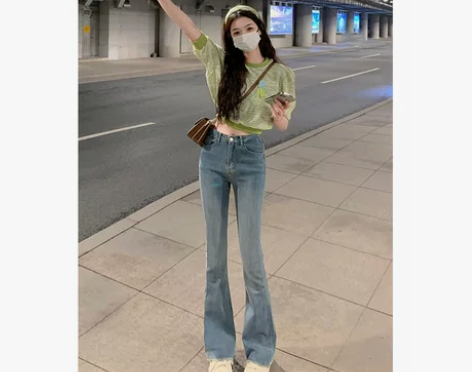 高个子蓝色复古高腰微喇叭毛边牛仔裤女202...